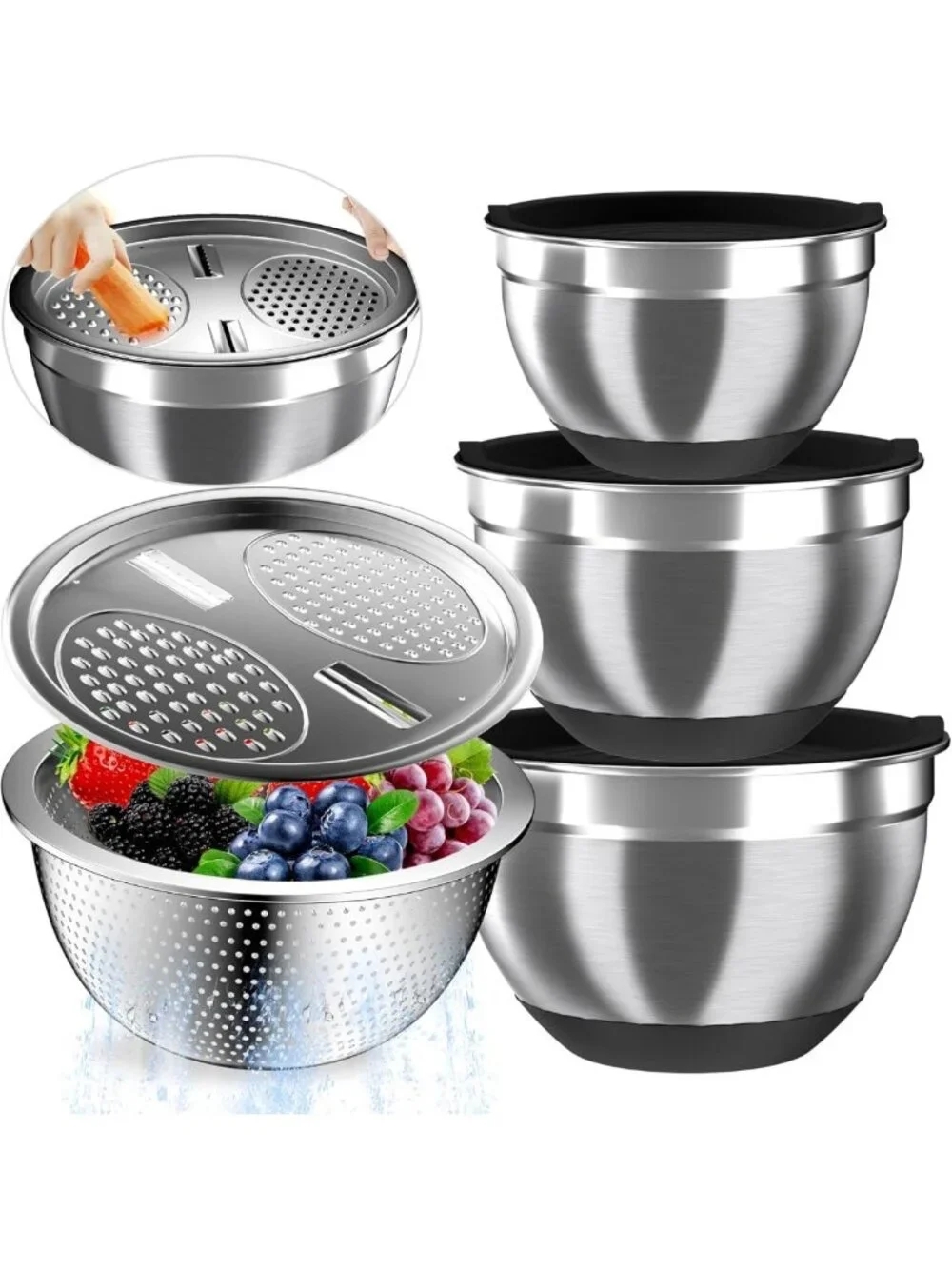 Airtight Stainless Steel Mixing Bowls Set with Colander & Grater, Non-Slip, 3